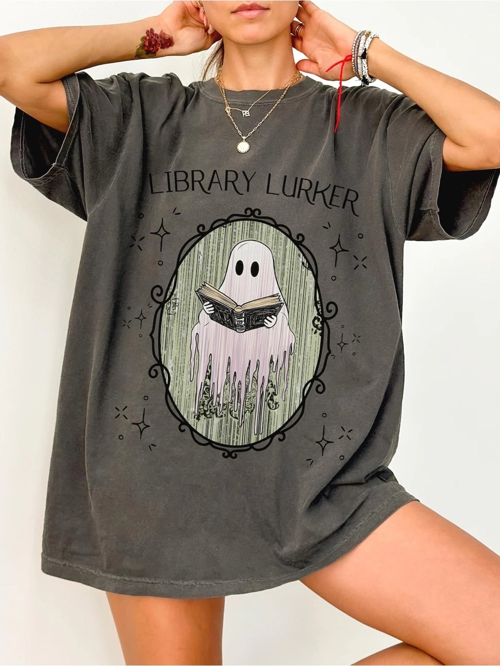 Library Lurker Ghost Graphic Tee - Gray